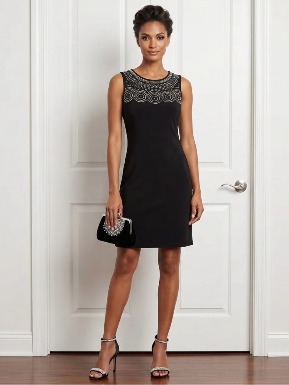 LAURA -petites flattering Black Dress with Silver Accents
